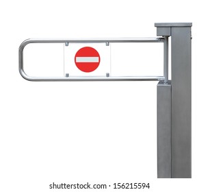 Entrance tourniquet, detailed turnstile, stainless steel, red no entry sign, isolated closeup, access control concept