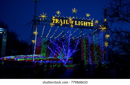 Entrance To The Trail Of Lights In Austin Texas A Christmas Tradition With Millions Of Holiday Xmas Lights And A Huge Crowd Gathering To Enjoy The Christmas Cheer