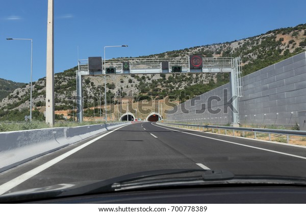 Entrance to the tunnel at Greece\
E75 highway from Thessaloniki to Athens, shoot from moving\
car