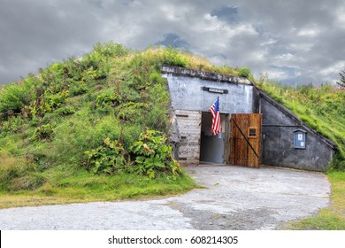 Entrance to world war II gun bunker on Kodiak Island AK.