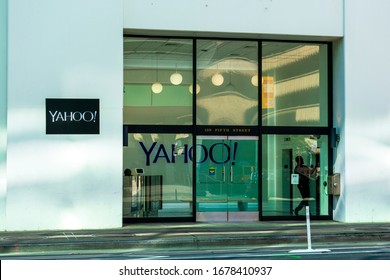 Entrance to Yahoo headquarters building in downtown. Yahoo! is an American web services provider owned by Verizon Media - San Francisco, California, USA - 2020