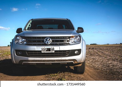 Entre Rios, Argentina. Year 2018: Front View Of A Silver Volkswagen Amarok. Pick Up Truck In The Field. Work Vehicle. Agro Business.