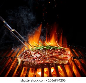 Entrecote Beef Steak On Grill With Rosemary Pepper And Salt - Barbecue
