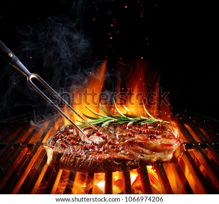 Entrecote Beef Steak On Grill With Rosemary Pepper And Salt - Barbecue
