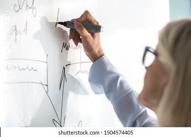 Entrepreneur 50s female writing business plan using flip chart in office close up focus on infographics handwritten information, coach perform presentation on white board concept of training seminar