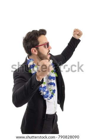 Entrepreneur is dancing in costume. Concept for wedding party, carnival, happy hour. Beautiful bearded person is wearing black jacket and white shirt. Isolated on white background.