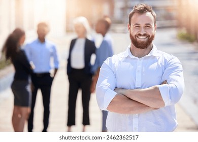 Entrepreneur, portrait and man outdoor with arms crossed as leader of sales team at car dealership, Happy, salesman and confidence in city with vehicle insurance or selling used cars with group - Powered by Shutterstock