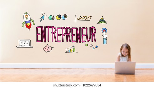 Entrepreneur text with little girl using a laptop computer on floor - Powered by Shutterstock