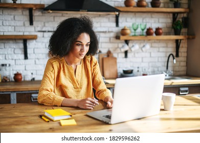 Entrepreneur young woman talking using laptop in home office. An african-american woman concentrated looks at computer screen - Powered by Shutterstock