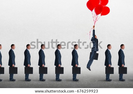 entrepreneurial business concept businessman rising above a queue of businessmen with helium balloons