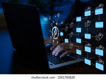 Entrepreneurs are managing data on their laptops.document management concept, online Big Data, documentation database - Shutterstock ID 2001785828