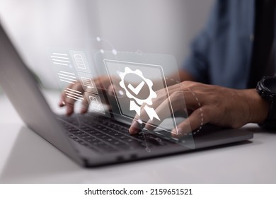 Entrepreneurs operating with the symbol of superior service Quality assurance, Guarantee, Standards, ISO certification, and the notion of standardization. - Shutterstock ID 2159651521