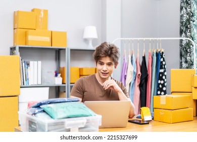 Entrepreneurs Small Business SME Freelance Working In Home Office Using Computer Laptops For Commercial Checking, Online Marketing, Packing Boxes, SME Sellers, Concept, E-commerce Team, Online Sales