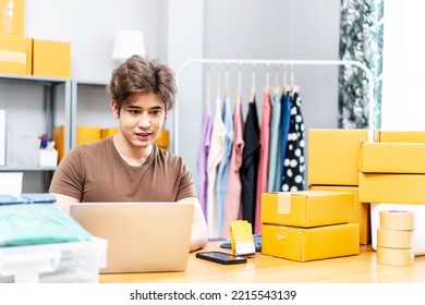 Entrepreneurs Small Business SME Freelance Working In Home Office Using Computer Laptops For Commercial Checking, Online Marketing, Packing Boxes, SME Sellers, Concept, E-commerce Team, Online Sales