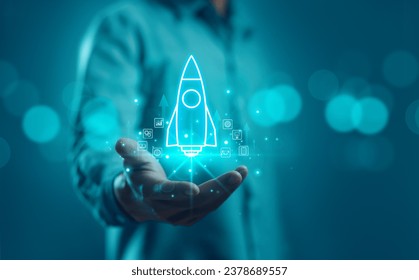 entrepreneurship launch rocket start flying up and network line connection, the Startup concept plan development business project digital technology idea of leadership, strategy Startup growth
