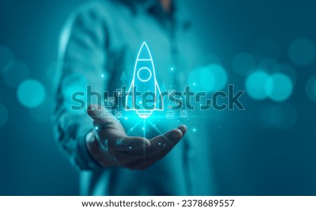 entrepreneurship launch rocket start flying up and network line connection, the Startup concept plan development business project digital technology idea of leadership, strategy Startup growth 商業照片 © 