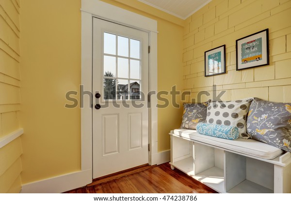 Entryway Yellow Walls Storage Bench White Stock Photo Edit Now
