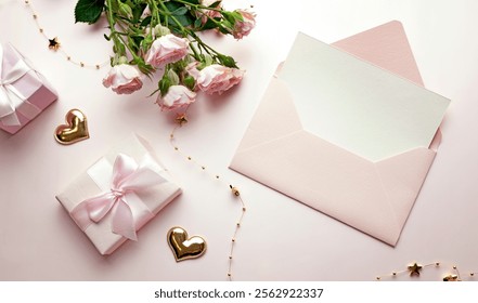 Envelope with empty sheet top view decorated with gift boxes and flowers. Greeting, invitation blank.Valentine card.Romantic letter.Mother's day.