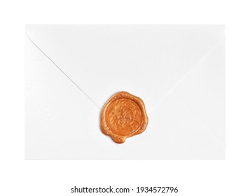 Envelope with wax seal isolated on white, top view