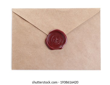 Envelope with wax seal isolated on white, top view