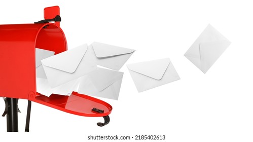 Envelopes flying out from red letter box on white background. Banner design