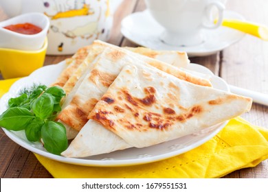 Envelopes In The Form Of A Triangle Of Pita Bread Stuffed With Cheese And Herbs, Selective Focus