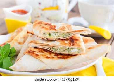 Envelopes In The Form Of A Triangle Of Pita Bread Stuffed With Cheese And Herbs, Selective Focus