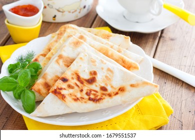 Envelopes In The Form Of A Triangle Of Pita Bread Stuffed With Cheese And Herbs, Selective Focus