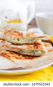 Envelopes In The Form Of A Triangle Of Pita Bread Stuffed With Cheese And Herbs, Selective Focus