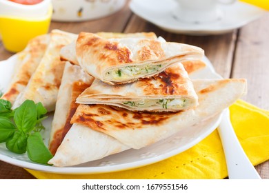 Envelopes In The Form Of A Triangle Of Pita Bread Stuffed With Cheese And Herbs, Selective Focus