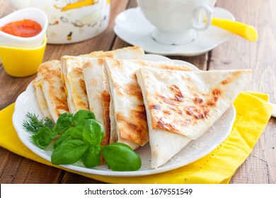 Envelopes In The Form Of A Triangle Of Pita Bread Stuffed With Cheese And Herbs, Selective Focus