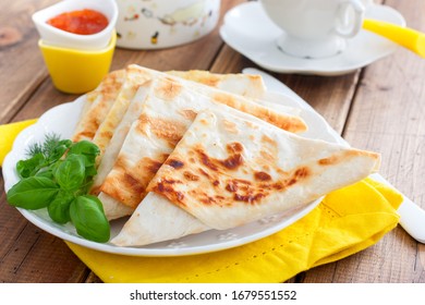 Envelopes In The Form Of A Triangle Of Pita Bread Stuffed With Cheese And Herbs, Selective Focus