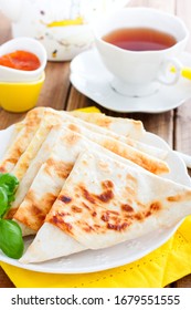 Envelopes In The Form Of A Triangle Of Pita Bread Stuffed With Cheese And Herbs, Selective Focus