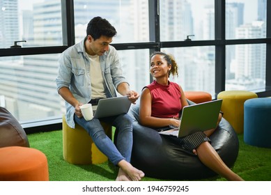 Environment Business Office. Profesional Business Creative Office People. Young Women African And Smart  Business Happy Work Good Ideas Workplace Workshop. Two Young Creative Marketing. 