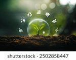 environment concept, bubbles protect plants in nature, and environment icons around bubbles