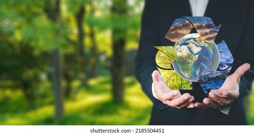 Environment Concept Business Man Hold And Show Global With Eco Icon. Business Man With Global And Recycle Wood Sky Water Environmental Conservation Industry Environmental Protection Sustainable Future