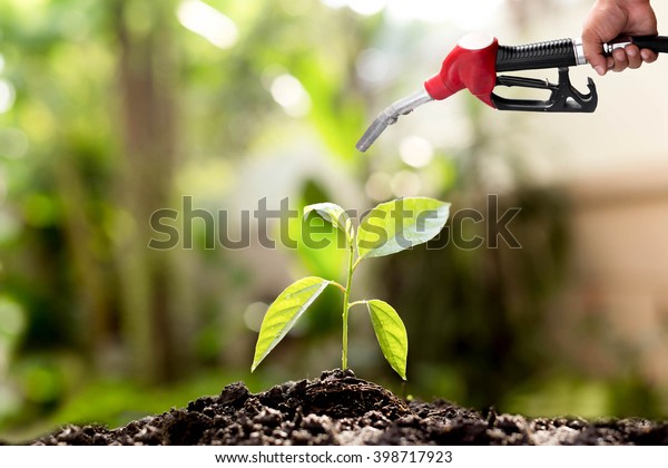 Environment concept saving hand holding fuel\
nozzle over new life plant blur\
background