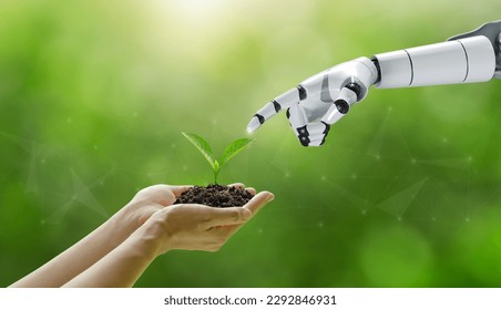 environment Earth Day. Hands holding trees growing with a robotic hand touching the tree collaboration between humans and technology to protect the environment together. Environmental technology.SDGs. - Shutterstock ID 2292846931