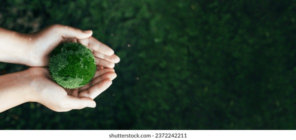 Environment. Green earth ball in hand in green forest background. Ecosystem. Earth Day. Forest conservation CSR ESG NET ZERO
