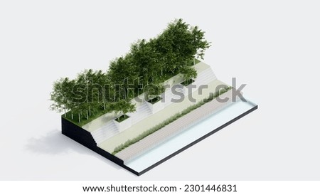 environment isometric park nature. isometric environmental sustainable landscape forest with people rest, 3d render illustration. environment with tree, grass leaf, river, footpath on white isolated.