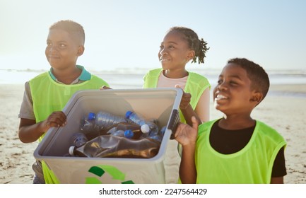 Environment, kids and cleaning beach, eco friendly and waste management for sustainability, awareness and recycle. Volunteer, children and seaside to pick up trash, ocean pollution and global warming - Powered by Shutterstock