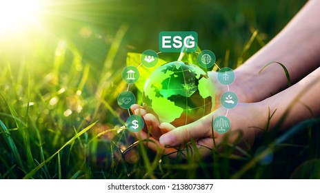  Environment social and governance in sustainable and ethical business.Crystal globe with network connection and ESG icons. Using technology of renewable resource to reduce pollution
				
				