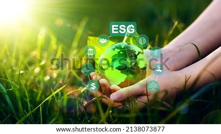  Environment social and governance in sustainable and ethical business.Crystal globe with network connection and ESG icons. Using technology of renewable resource to reduce pollution

