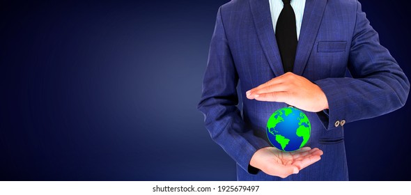Environmental Concept Backdrop Design with Man Holding a Globe in Green and Blue Color
