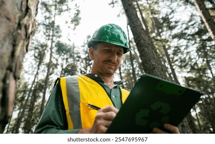Environmental engineer use tablet computer to analyze for approve EIA Environmental Impact Assessment energy conservation building, climate change carbon neutrality net zero concept
