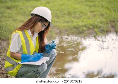 Environmental engineers inspect water quality,Bring water to the lab for testing,Check the mineral content in water and soil,Check for contaminants in water sources. - Shutterstock ID 2045070215