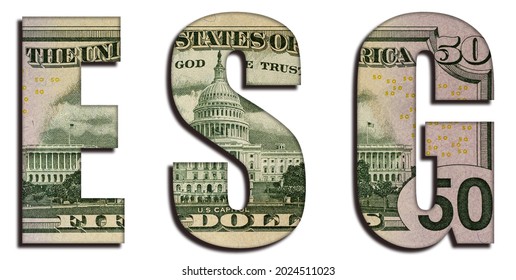 Environmental, Social, And Corporate Governance ESG Word 50 US Real Dollar Bill Banknote Money Texture On White Background