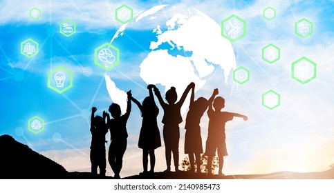 Environmental technology concept.Silhouette back view kids with Globe and Nature power icon technology.Sustainable development goals. SDGs.Children connection digital social ecology.Green industry. - Shutterstock ID 2140985473