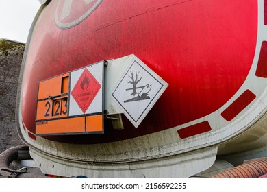 Environmental Warning Signs And Emergency Contact Details On The Back Of A Home Heating Oil Delivery Lorry.