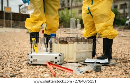 Environmental Worker preparing industrial sampling equipment during hazardous wastewater investigation and contamination monitoring activity.